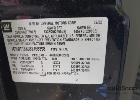 2003 Chevrolet Trailblazer Ltz z USA, uszkodzony, nr VIN 1GNDT13S932166898